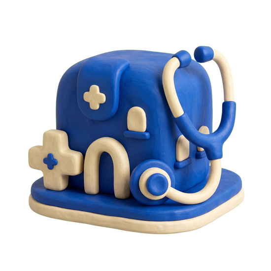 Urgent care center illustration in blue and ivory clay