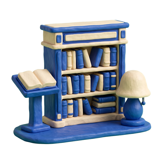 Used book store illustration in blue and ivory clay