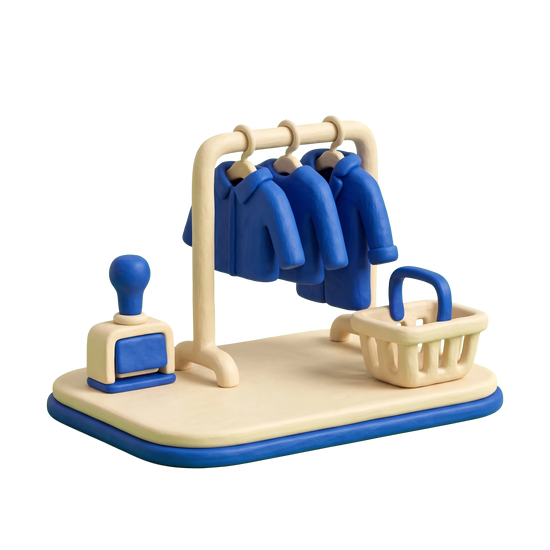 Used clothing store illustration in blue and ivory clay