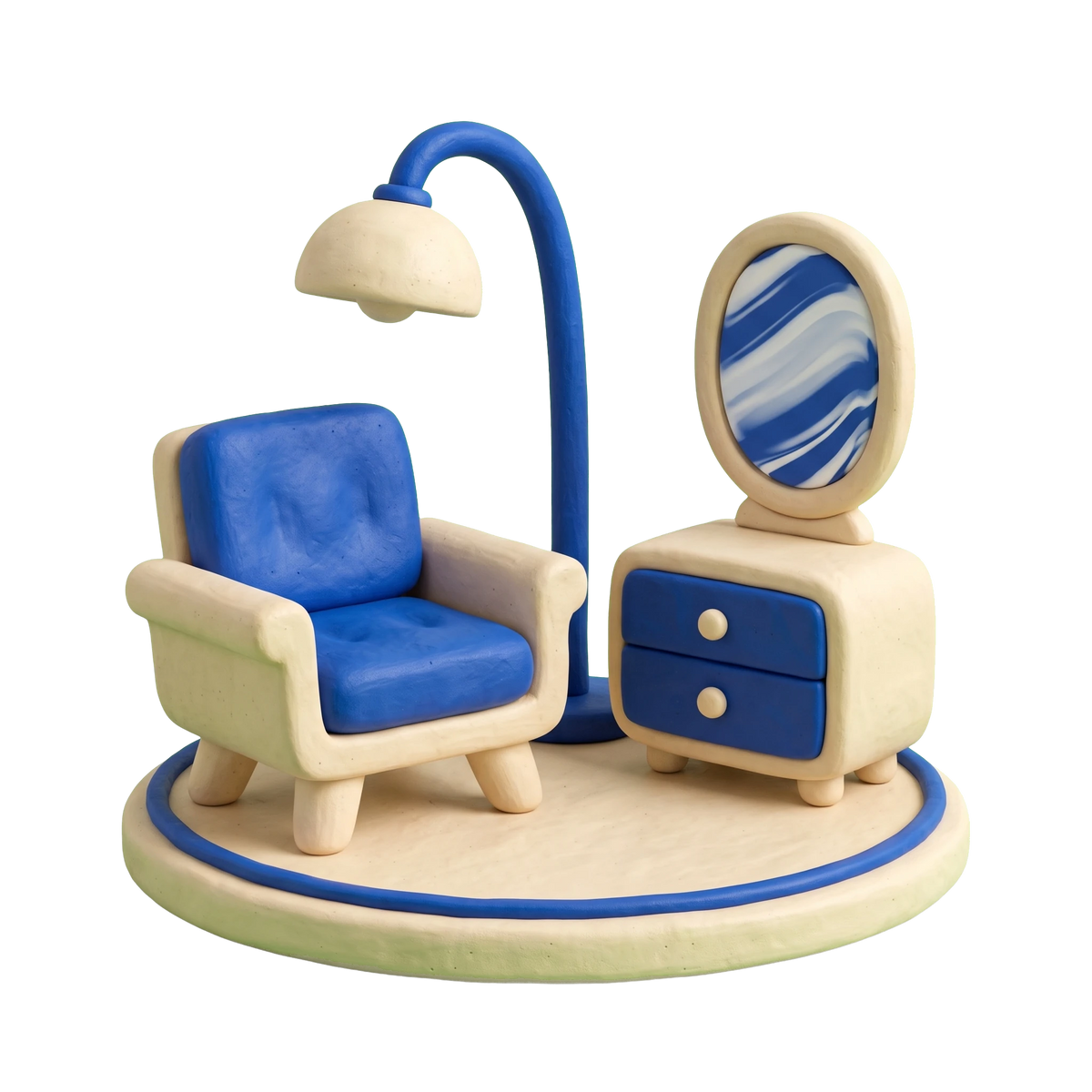 Used furniture store illustration in blue and ivory clay