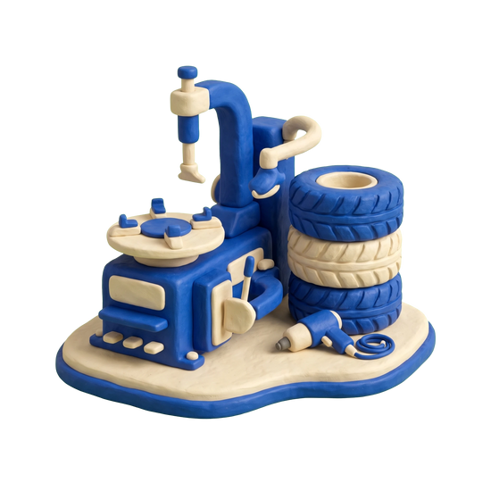 Used tire shop illustration in blue and ivory clay