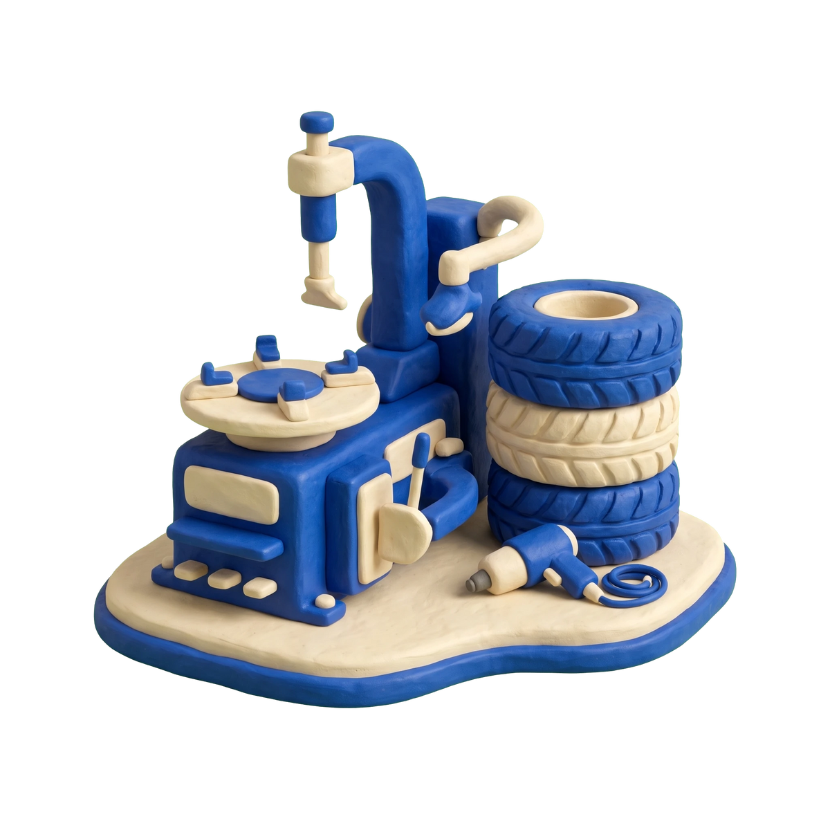 Used tire shop illustration in blue and ivory clay