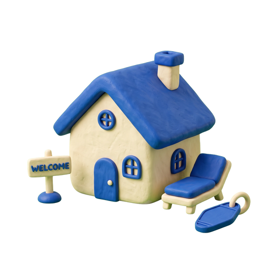 Vacation home rental agency illustration in blue and ivory clay
