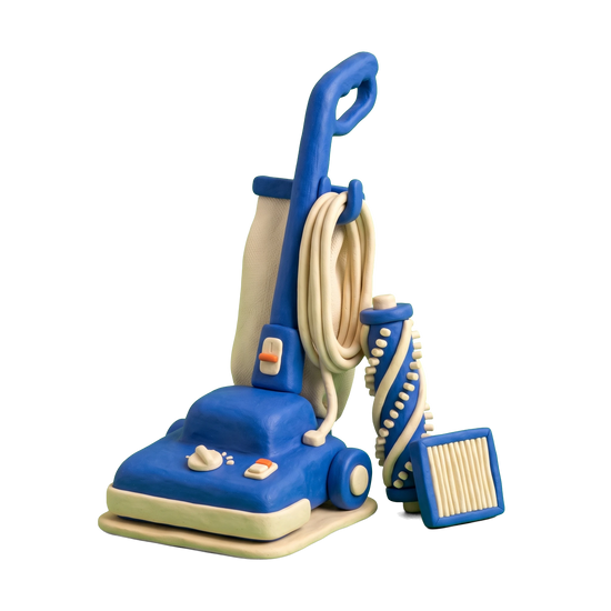 Vacuum cleaner store illustration in blue and ivory clay