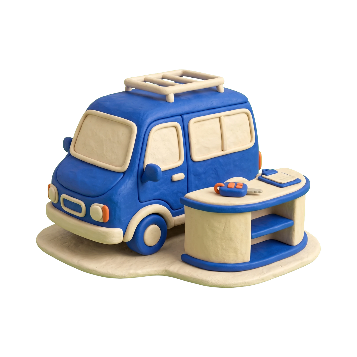 Van rental agency illustration in blue and ivory clay