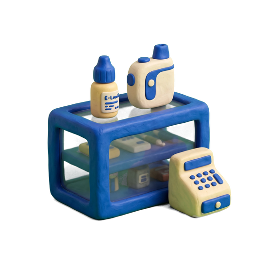 Vaporizer store illustration in blue and ivory clay
