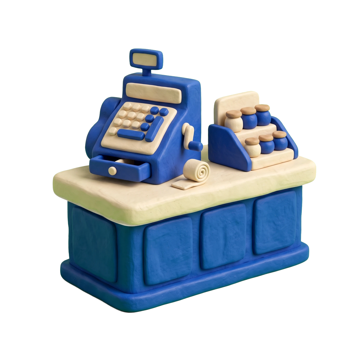 Variety store illustration in blue and ivory clay