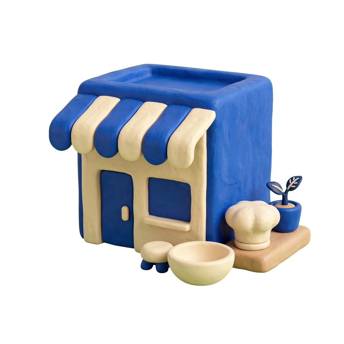 Vegan restaurant illustration in blue and ivory clay