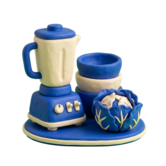 Vegetarian restaurant illustration in blue and ivory clay