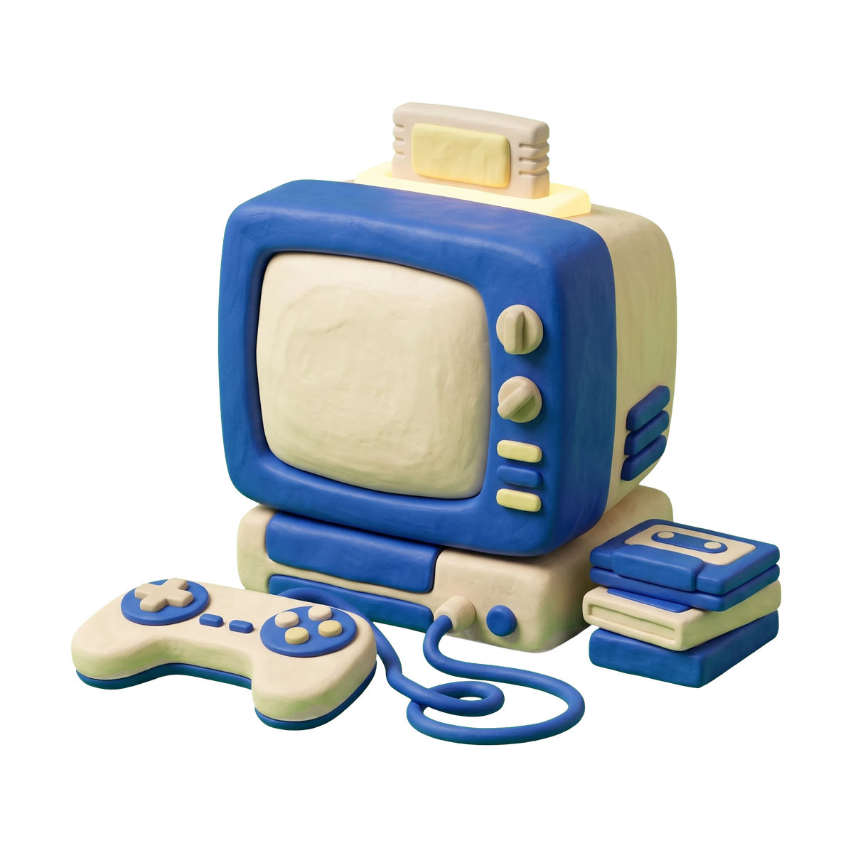 Video game store illustration in blue and ivory clay