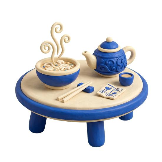 Vietnamese restaurant illustration in blue and ivory clay