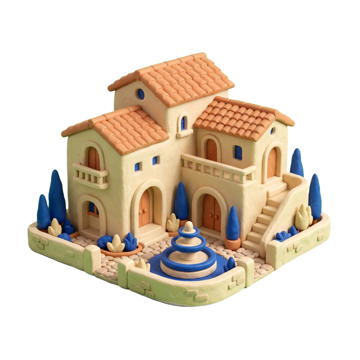 Villa illustration in blue and ivory clay