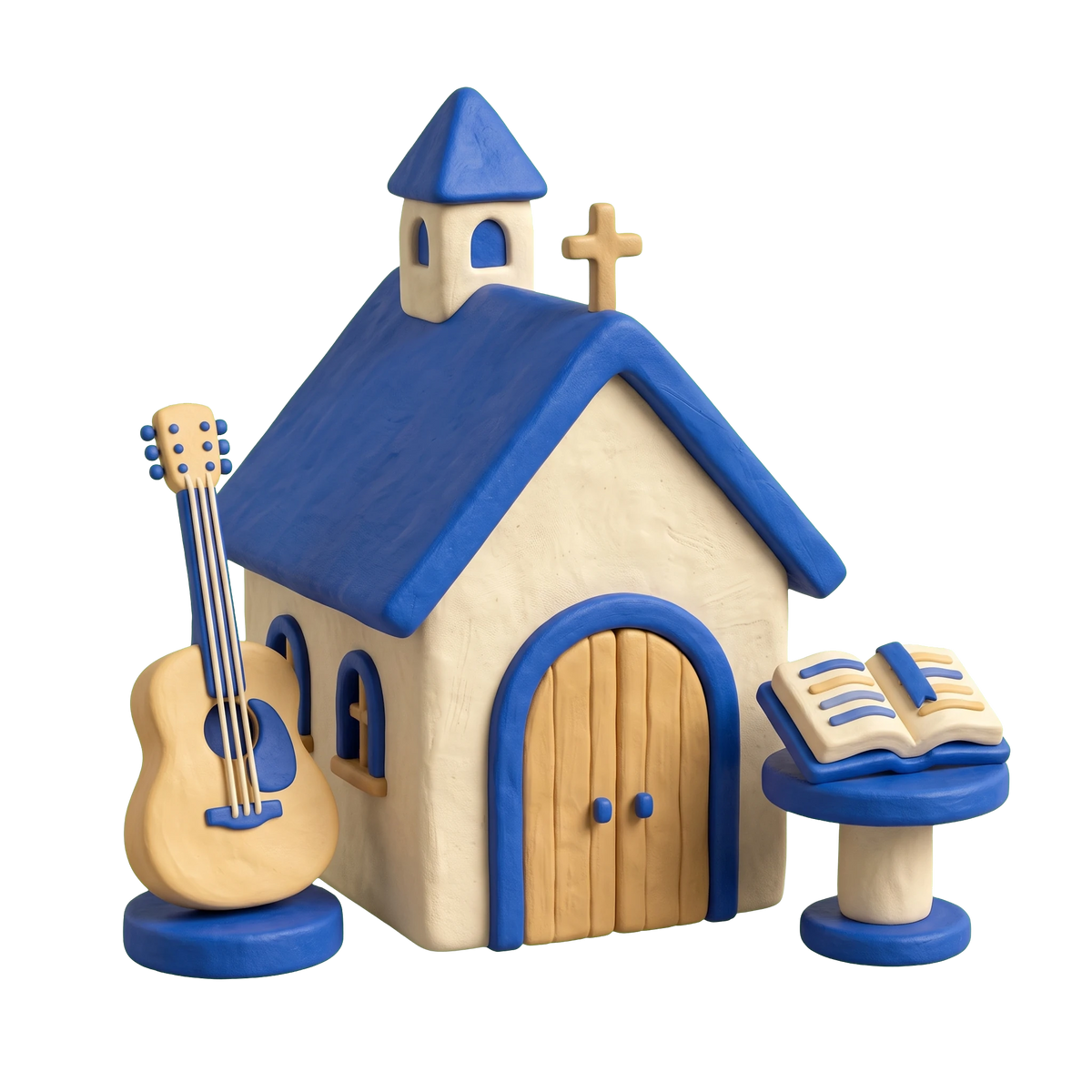 Vineyard church illustration in blue and ivory clay
