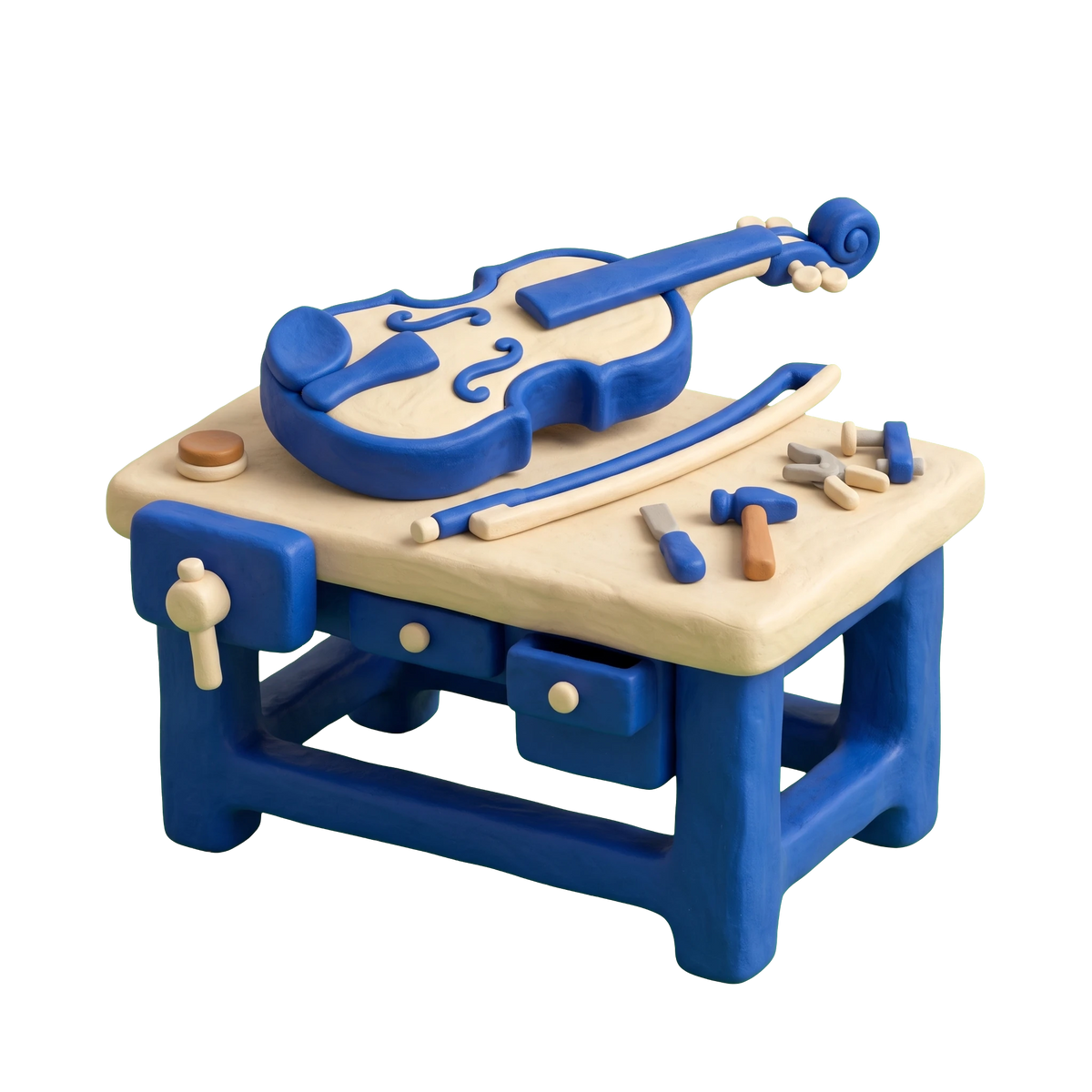 Violin shop illustration in blue and ivory clay