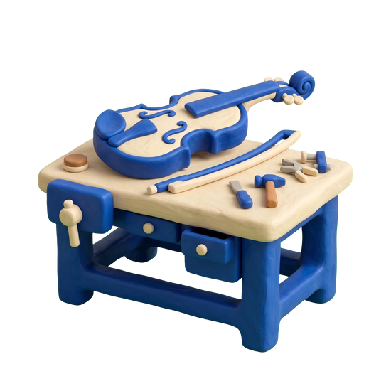 Violin shop illustration in blue and ivory clay