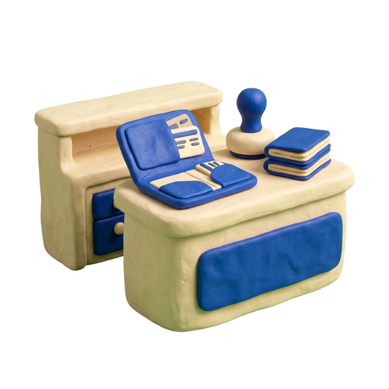 Visa and passport office illustration in blue and ivory clay