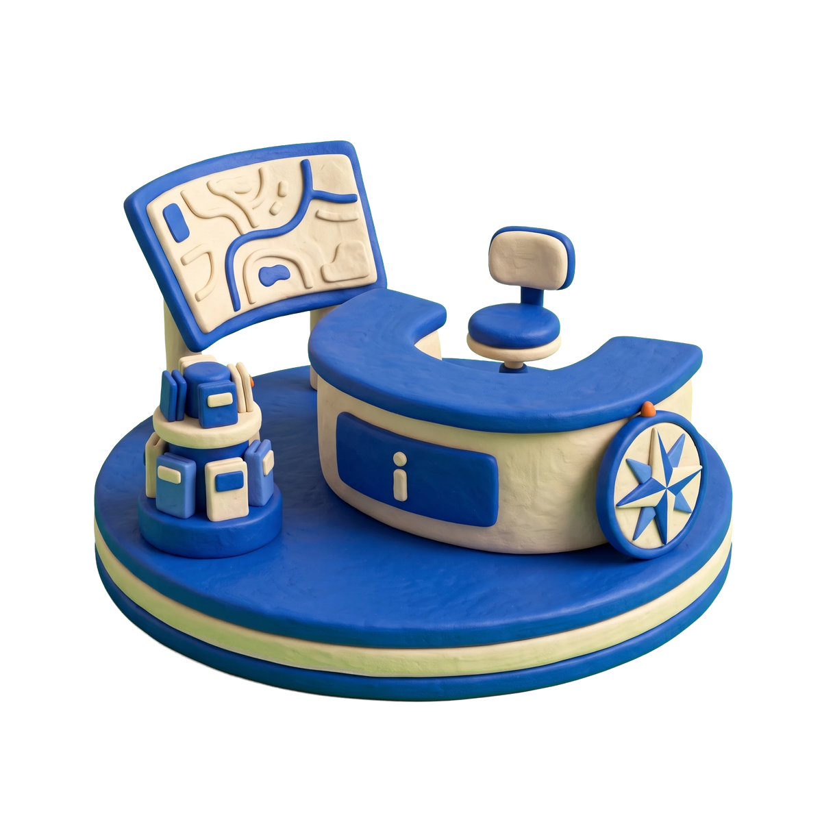 Visitor center illustration in blue and ivory clay