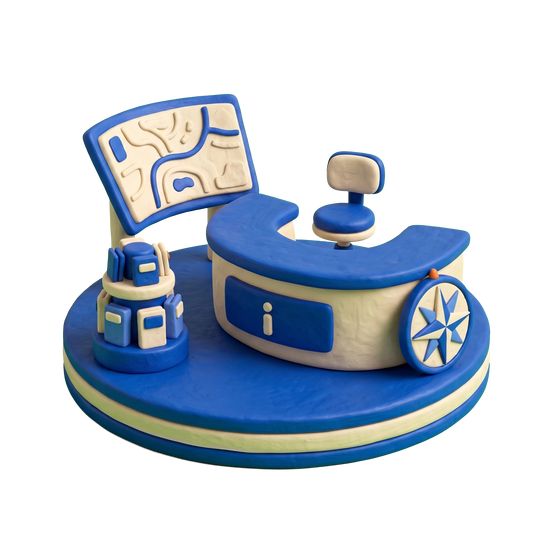 Visitor center illustration in blue and ivory clay