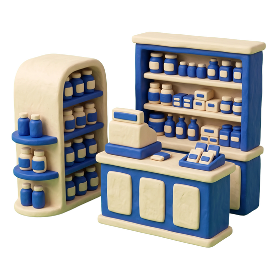 Vitamin & supplements store illustration in blue and ivory clay