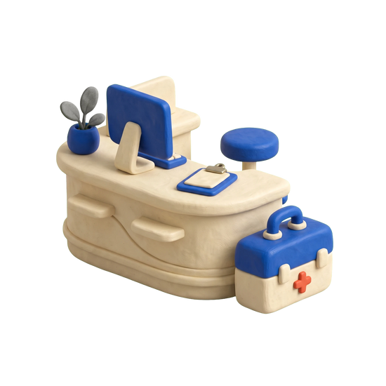 Walk-in clinic illustration in blue and ivory clay