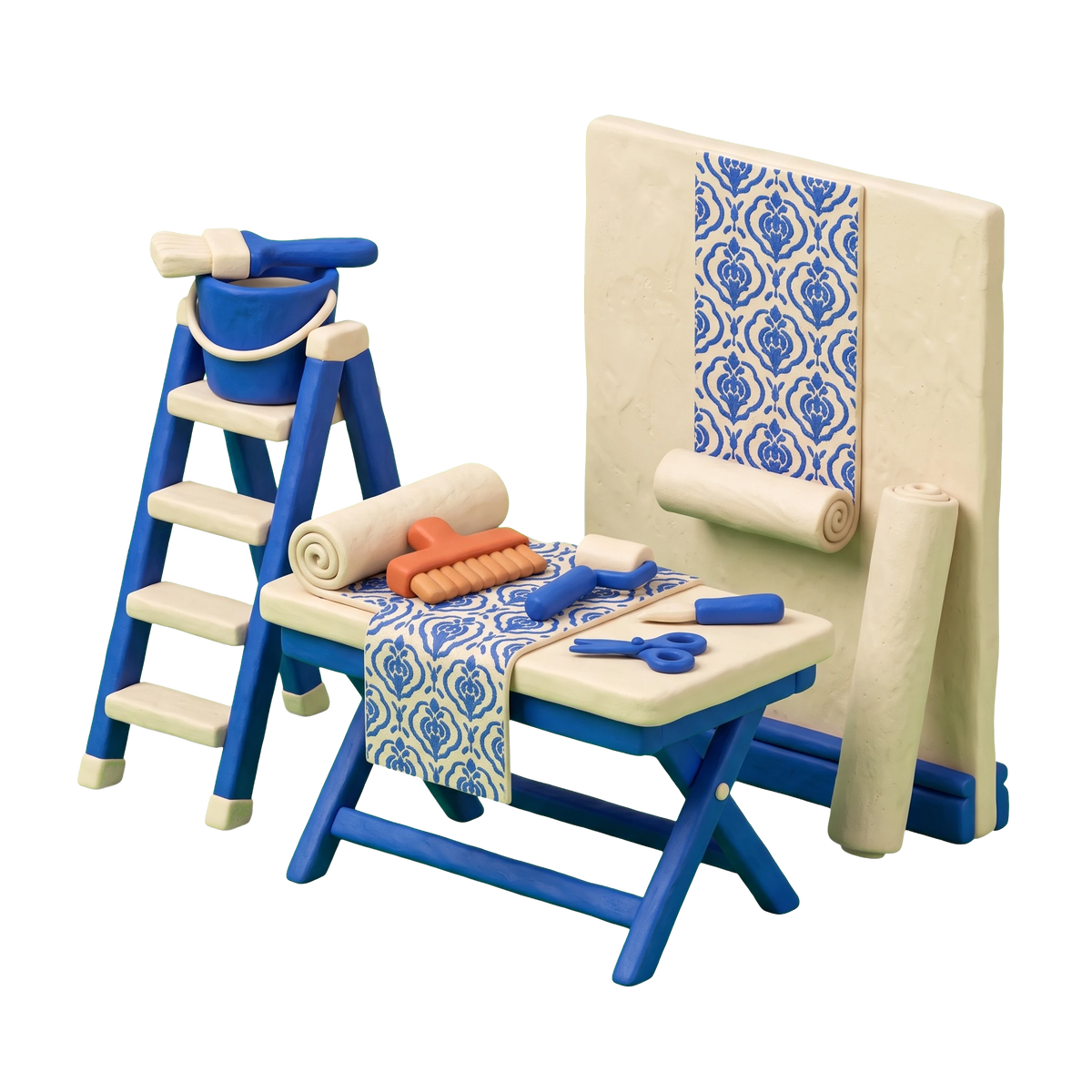 Wallpaper installer illustration in blue and ivory clay