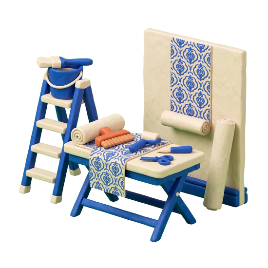 Wallpaper installer illustration in blue and ivory clay
