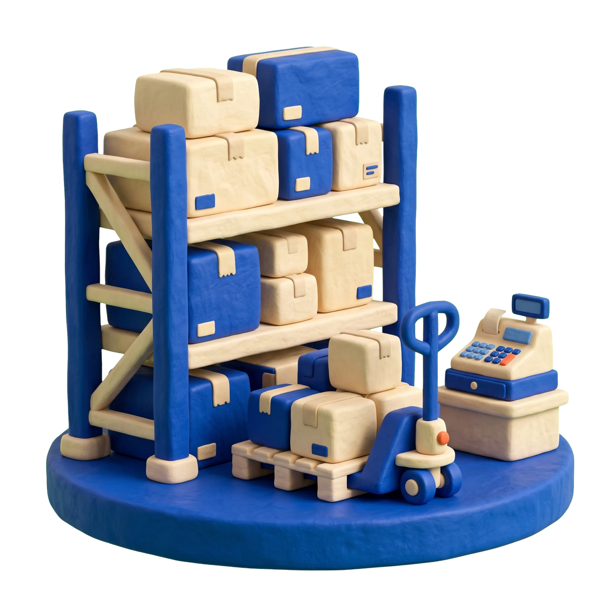 Warehouse store illustration in blue and ivory clay
