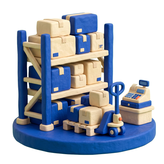 Warehouse store illustration in blue and ivory clay