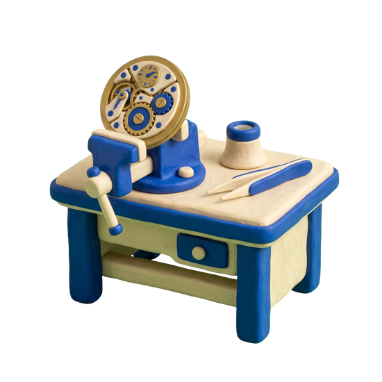 Watch repair service illustration in blue and ivory clay
