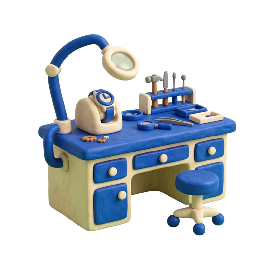 Watch store illustration in blue and ivory clay