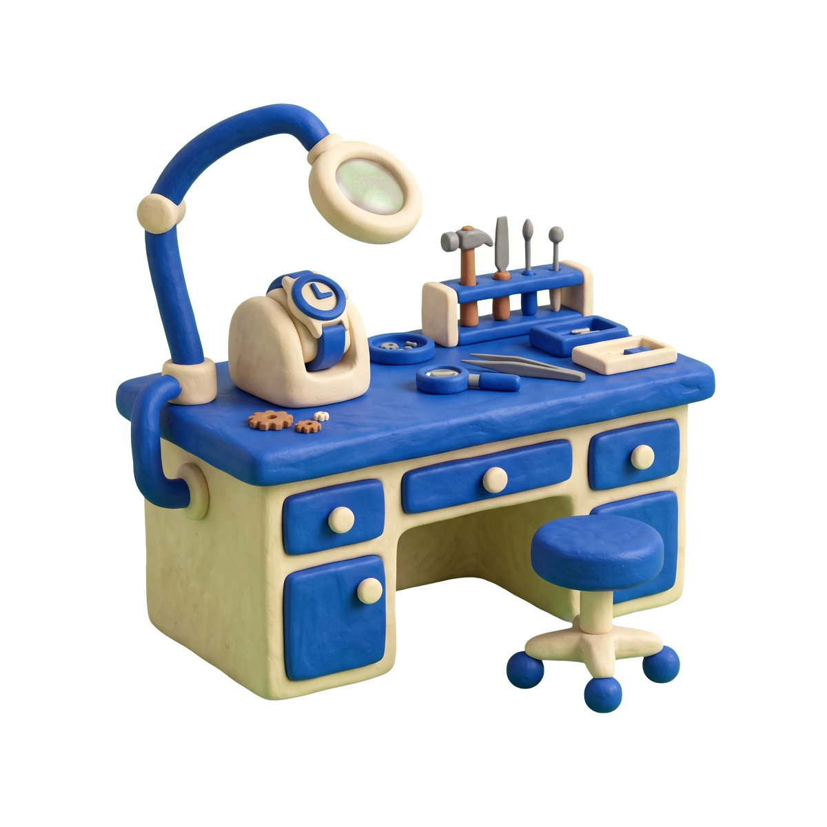 Watch store illustration in blue and ivory clay