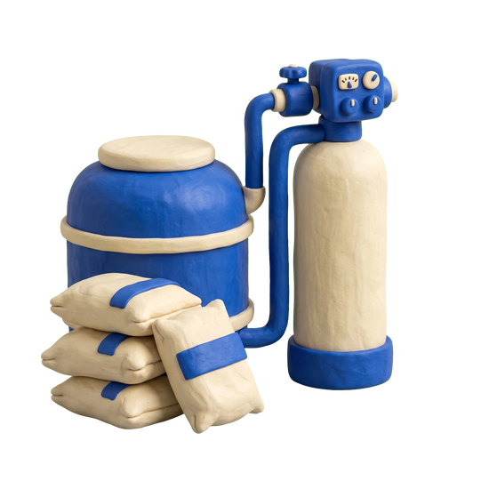 Water softening equipment supplier illustration in blue and ivory clay