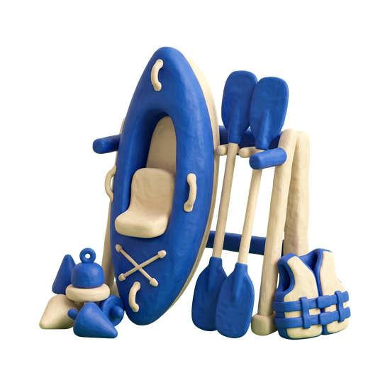 Water sports equipment rental service illustration in blue and ivory clay