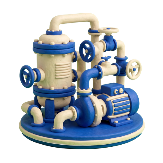 Water treatment supplier illustration in blue and ivory clay