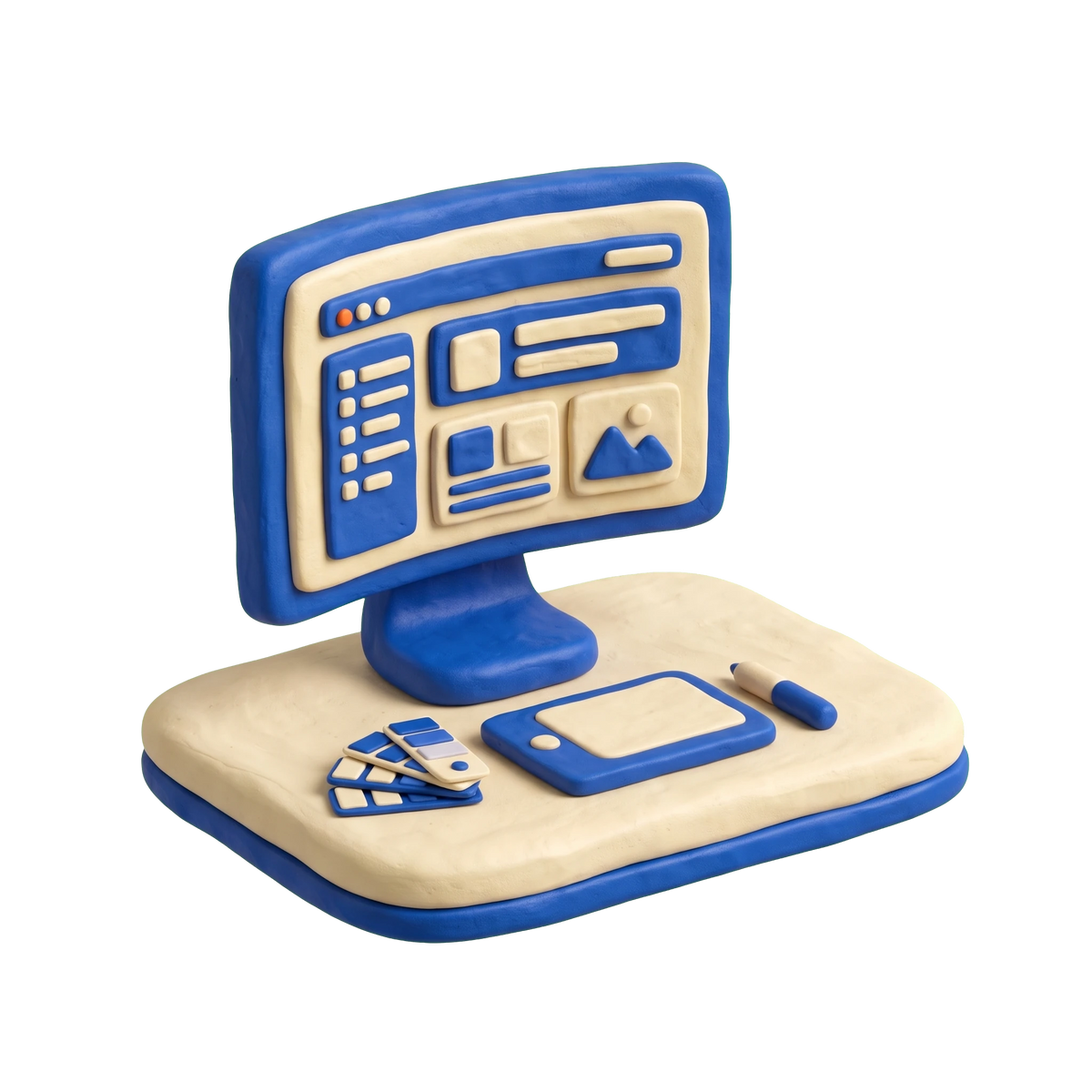 Website designer illustration in blue and ivory clay