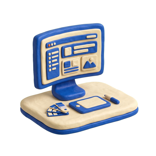 Website designer illustration in blue and ivory clay
