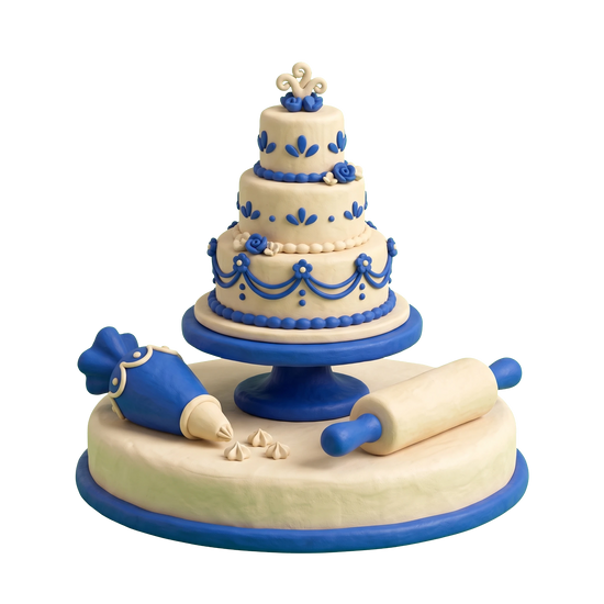 Wedding bakery illustration in blue and ivory clay