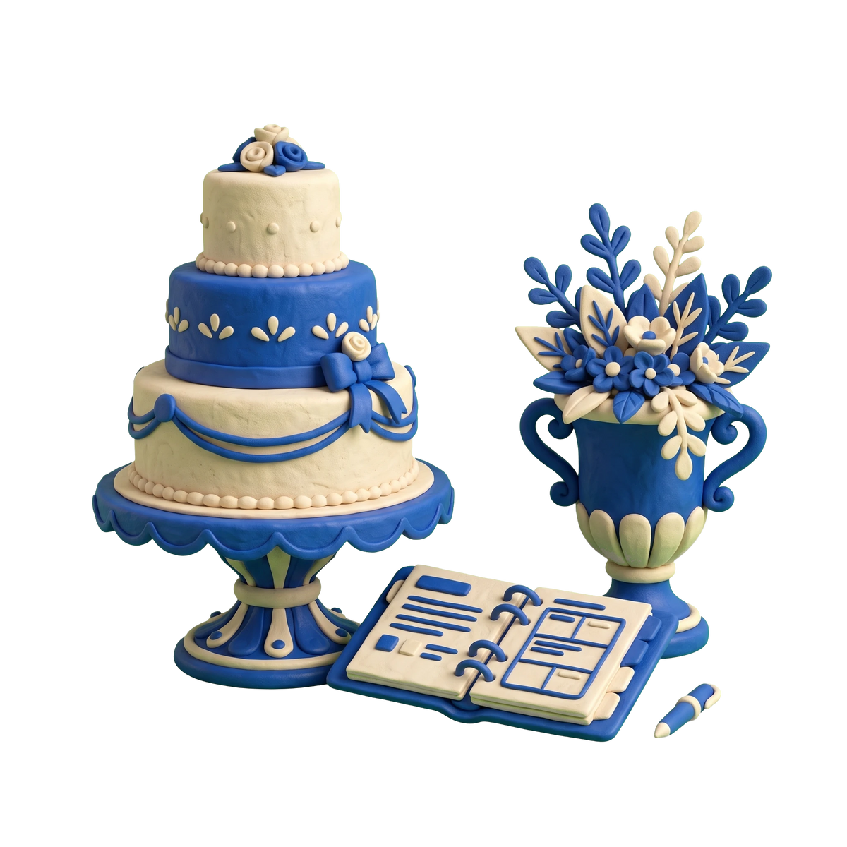 Wedding planner illustration in blue and ivory clay