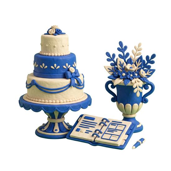Wedding planner illustration in blue and ivory clay