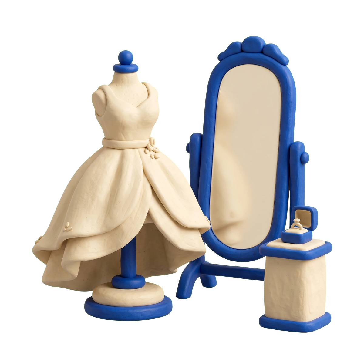 Wedding store illustration in blue and ivory clay
