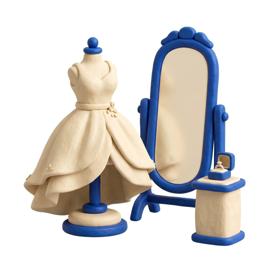 Wedding store illustration in blue and ivory clay