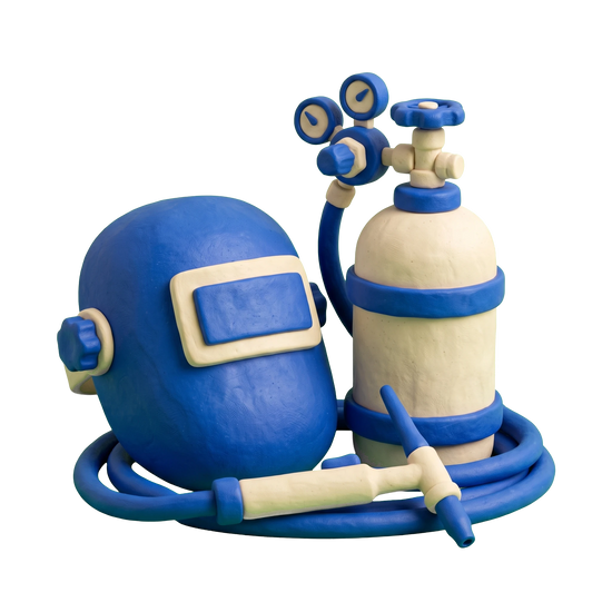 Welder illustration in blue and ivory clay