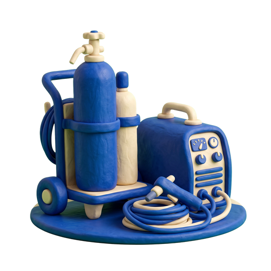 Welding supply store illustration in blue and ivory clay