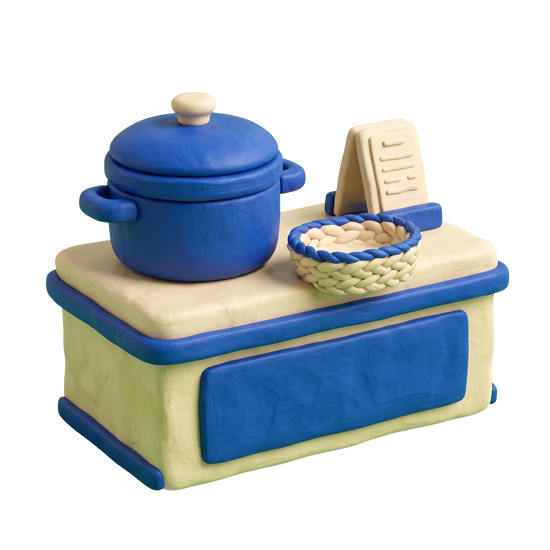 West African restaurant illustration in blue and ivory clay