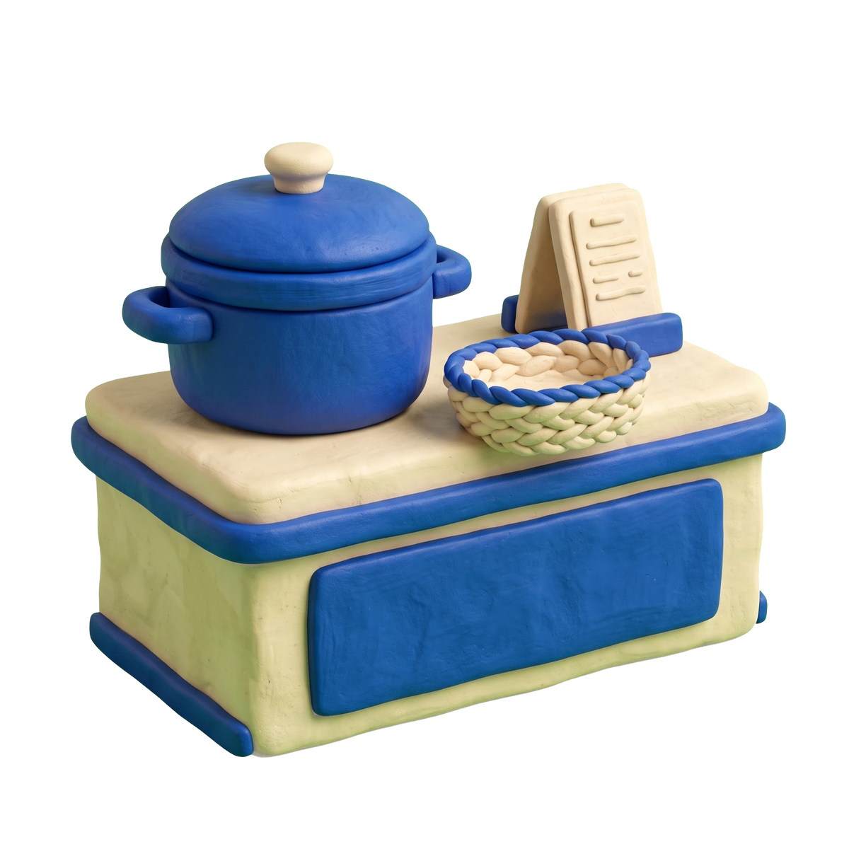 West African restaurant illustration in blue and ivory clay