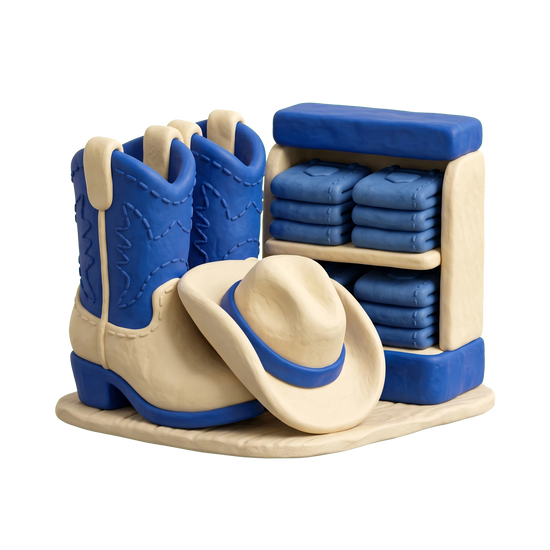 Western apparel store illustration in blue and ivory clay