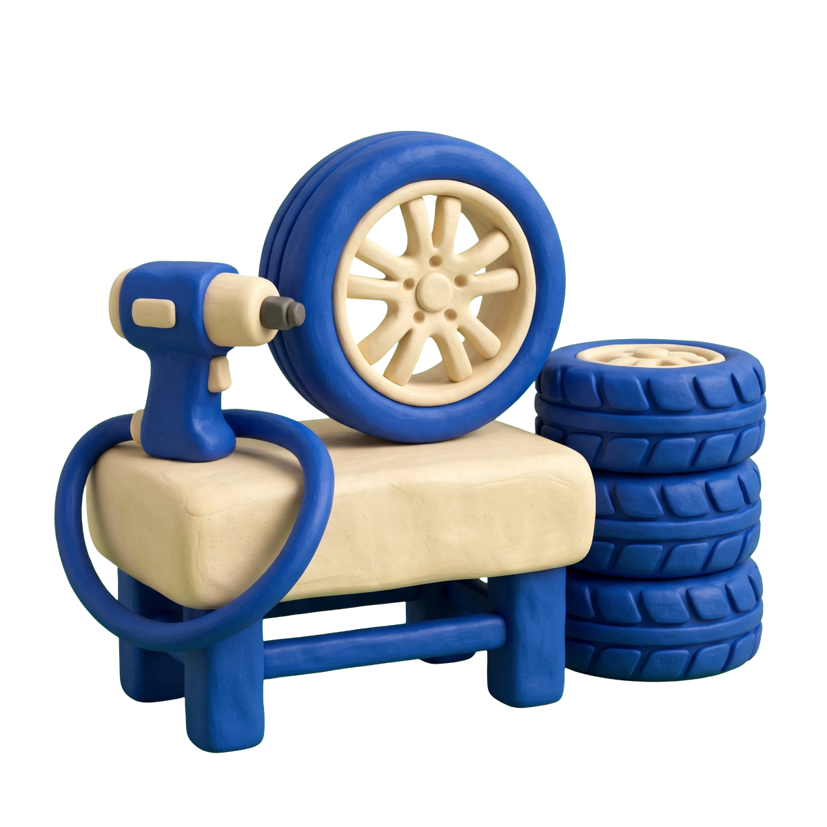 Wheel store illustration in blue and ivory clay