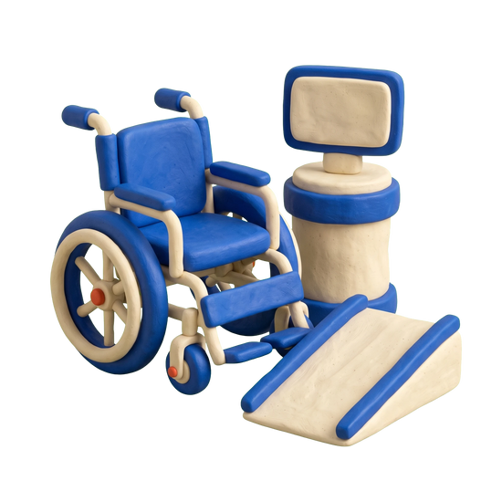 Wheelchair store illustration in blue and ivory clay