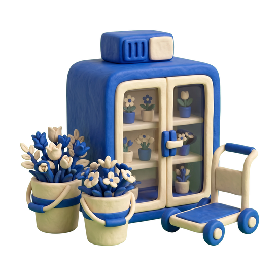 Wholesale florist illustration in blue and ivory clay