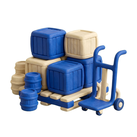 Wholesale food store illustration in blue and ivory clay